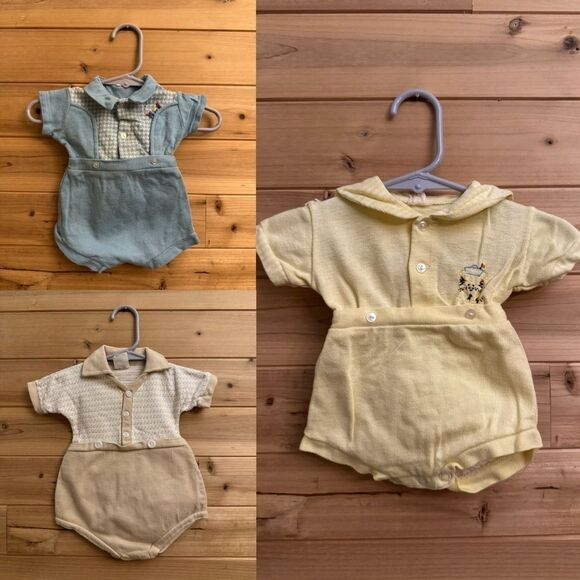 Vintage Baby Boy Newborn Bundle Yellow Blue Tan Collared Romper Outfit - Picture 1 of 16